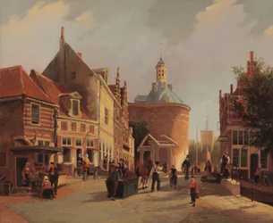 Vista del Zuiderspui con el Drommedaris en la ciudad de Enkhuizen